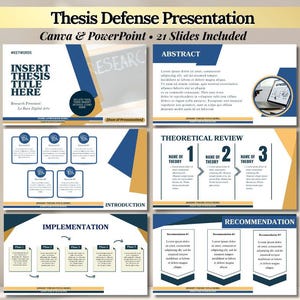 May include: A digital presentation template for a thesis defense featuring 21 slides in Canva and PowerPoint formats. The layout uses a navy blue and gold color scheme with sections for abstract, theoretical review, implementation, and recommendations.