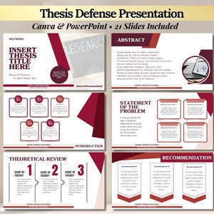 Può includere: Un modello di presentazione digitale per una tesi di laurea con 21 diapositive in una combinazione di colori bordeaux e bianco. Il layout include sezioni per titolo, abstract, dichiarazione del problema, revisione teorica e raccomandazioni.