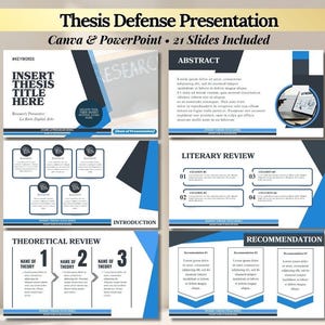 May include: A digital presentation template for a thesis defense, featuring 21 slides in Canva and PowerPoint formats. The slides use a white, dark gray, and blue color scheme with sections for abstract, literary review, and recommendations.