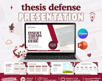 May include: A laptop screen displays a thesis defense presentation template with maroon and white text. The slide features placeholders for a title, presenter name, and school logo. A cartoon cloud character sits to the left of the laptop.