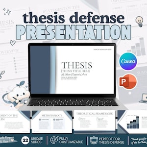 Op de afbeelding: Een laptop met een presentatiesjabloon voor een scriptieverdediging met blauwe en witte dia's. Het scherm toont een titeldia met tijdelijke aanduidingen voor de titel en programmanaam. Inclusief Canva- en PowerPoint-logo's.
