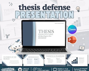 May include: A laptop displaying a thesis defense presentation template with blue and white slides. The screen shows a title slide with placeholders for a thesis title and program name. Includes Canva and PowerPoint logos and icons.