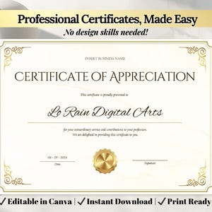 Könnte beinhalten: Eine cremefarbene Dankesurkunde mit goldenen Verzierungen und einem goldenen Siegel. Der Text lautet "Professionelle Zertifikate, leicht gemacht" und "Dankesurkunde". Das Zertifikat ist in Canva bearbeitbar, sofort herunterladbar und druckfertig.