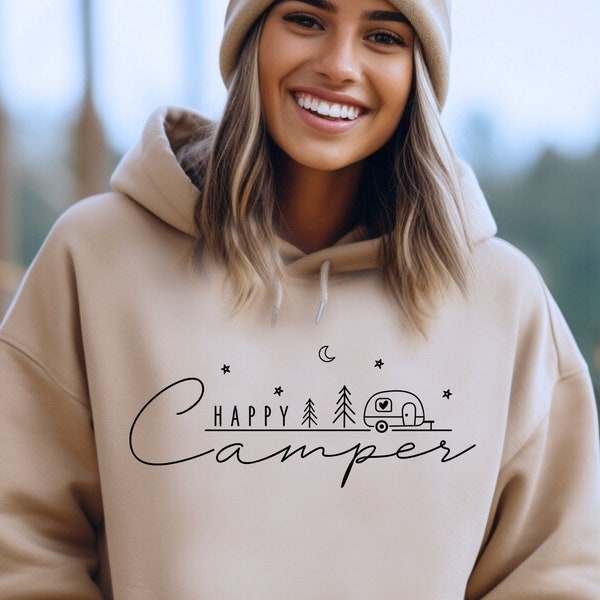 Happy Camper Pullover, Camper Hoodie, Camping Hoodie, Lagerfeuer Hoodie, Naturliebhaber Geschenk, Abenteuer Hoodie, Geschenk für Camper, Camper Hoody