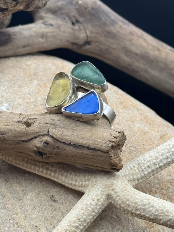 Tri-coloured sea glass sterling silver ring size P jewellery