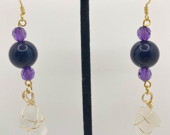 Clear Seaglass Earrings With Purple Beads
