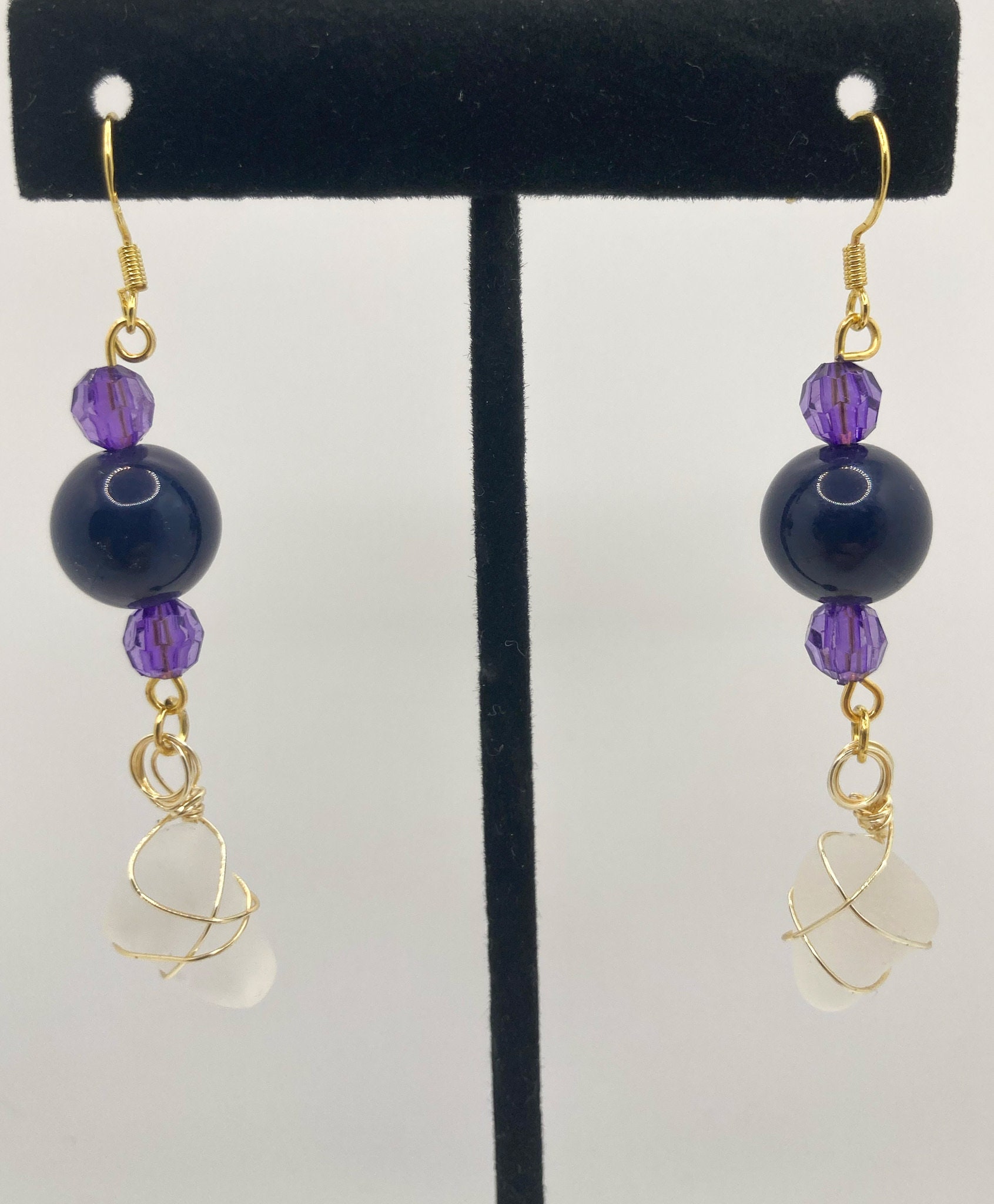 Orecchini Pendenti In Vetro Viola E Blu Con Cristallo - 40 Mm, Chiusura A Gancio, Placcati Rodio
