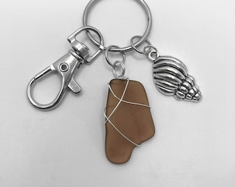 Brown Seaglass Keychain With Shell Pendant