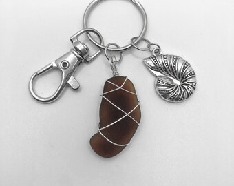 Brown Seaglass Keychain With Shell Pendant