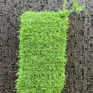 Puede incluir: Un estropajo rectangular verde brillante con un lazo para colgar. El estropajo está hecho de un material texturizado y rizado, y es de un tono verde vibrante.