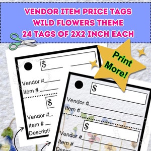 Op de afbeelding: Printbare prijskaartjes met een wilde bloemen thema. De kaartjes zijn zwart-wit met ruimte voor het leveranciersnummer, artikelnummer, prijs en beschrijving. Er zijn in totaal 24 kaartjes, 12 effen en 12 met het wilde bloemen thema. De kaartjes zijn elk 5x5 cm.