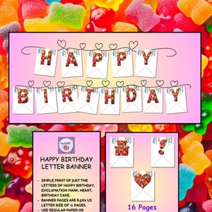 Happy Birthday in Letters for Banner Flag in Gummy Bear Candy Theme PDF 16 pages printable, Birthday Party Decorations.