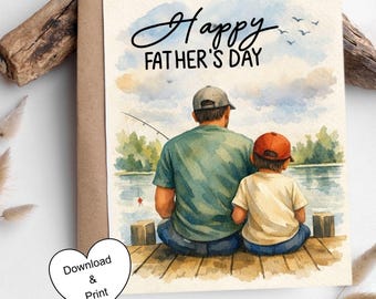 Father Son Fishing Card | Happy Father's Day Watercolor Print (Digital Download)