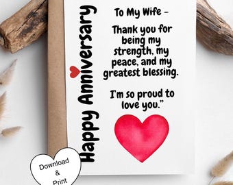 Anniversary Card for Wife, Romantic Heart Design (Digital Download) Blank Card Inside