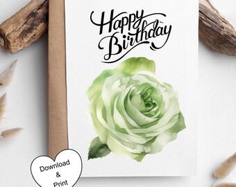 Green Rose Happy Birthday Card Printable | A2, A7 Card Templates (Digital Download)