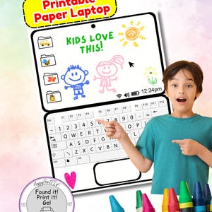 Juego de simulación de computadora portátil para niños (PDF y JPG) - Actividad en papel para estimular la imaginación y colorear.