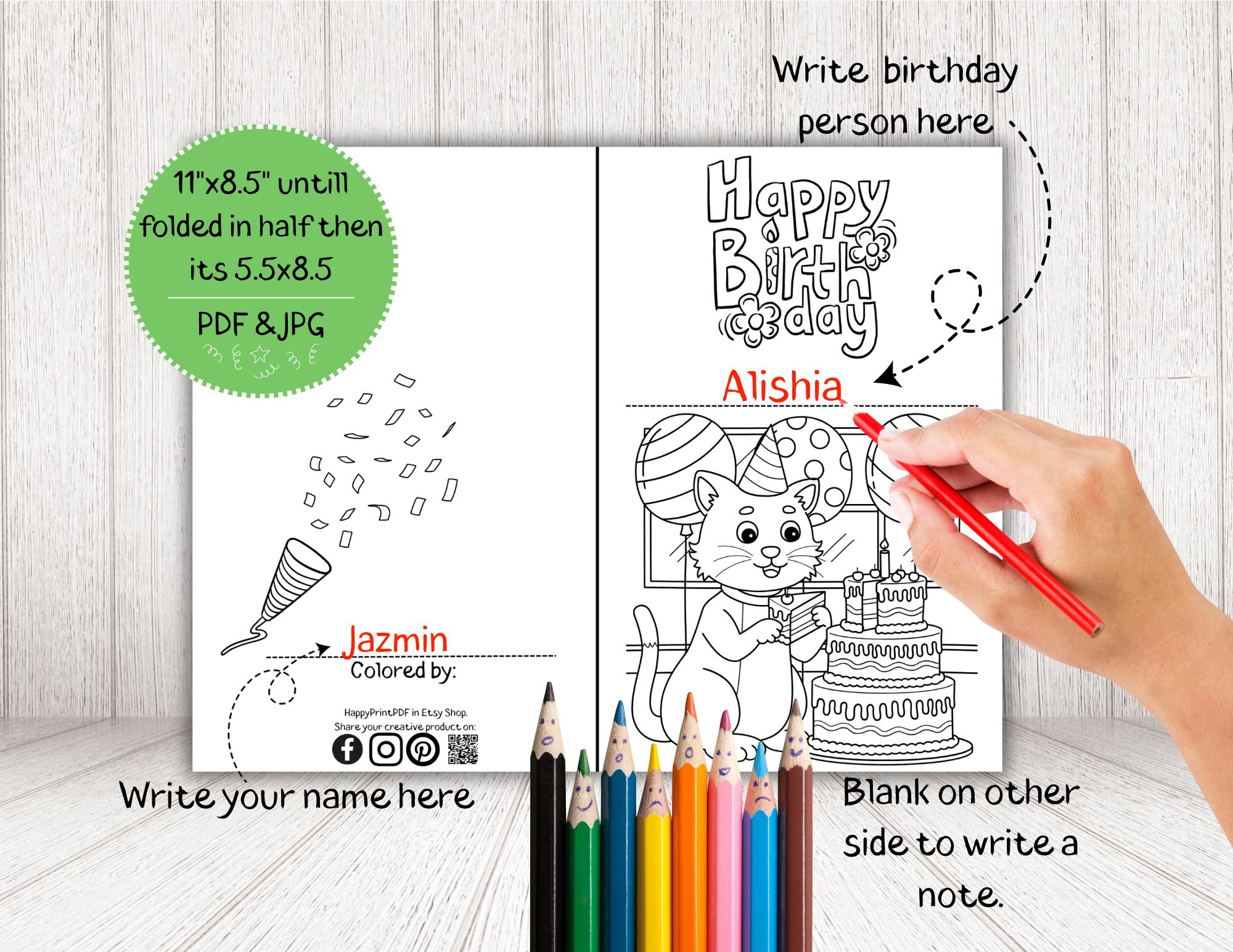 Cat Birthday Card Coloring Page: Printable Party Activity (PDF) - Etsy