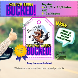 Sie wurden Bucked, Horsen Rund Thema, Printable Tags Karten, PDF-Datei zum Ausdrucken, Bucked, Bucking Buck, Buck Karten, großes Abenteuer, Buck