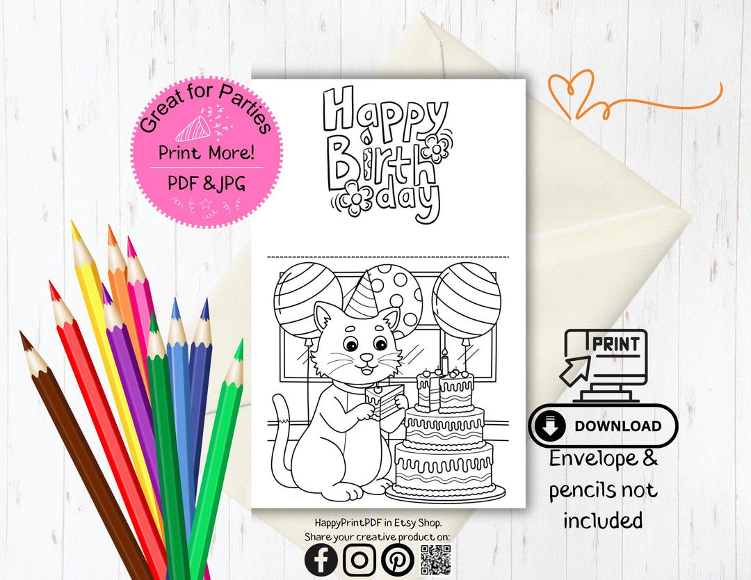 Cat Birthday Card Coloring Page-printable Party Activity-pdf and JPG ...