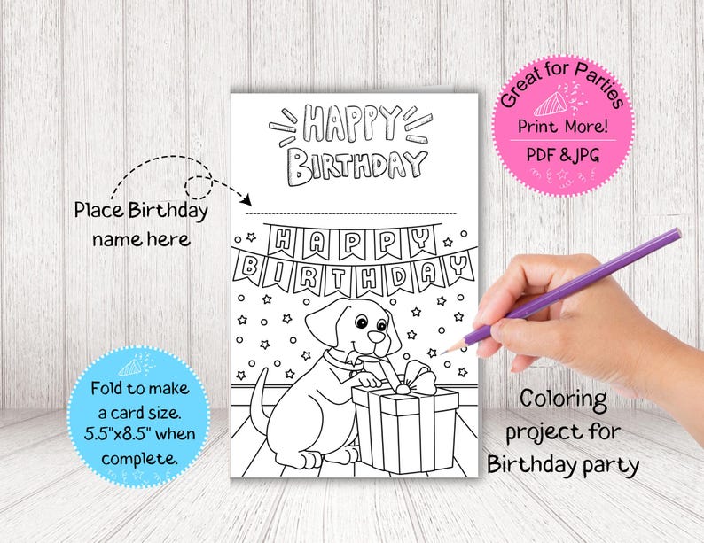 Dog Birthday Card Coloring Page: Printable Party Activity (PDF) - Etsy
