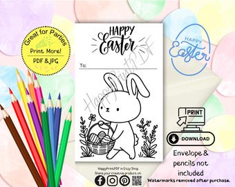 Frohe Ostern Färbung Karte, Kaninchen Korb, Digitale Osterkarte, Frohe Ostern Färbung, Klassenzimmer Ostern Handwerk, Kinder Basteln für Ostern