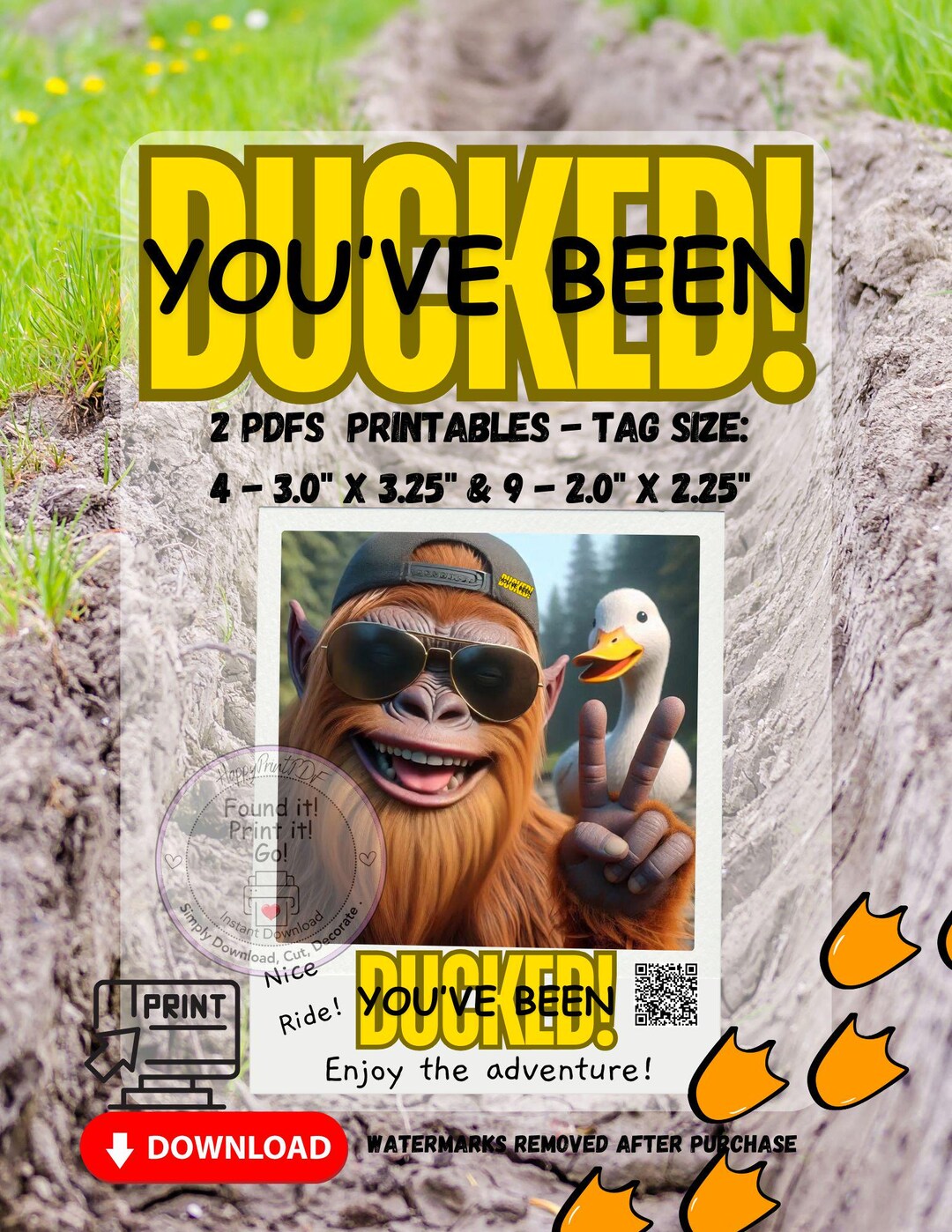 Yellow Duck Message You've Been Ducked-yellow Duck Cards-bigfoot-peace Theme-pdf Printable ...