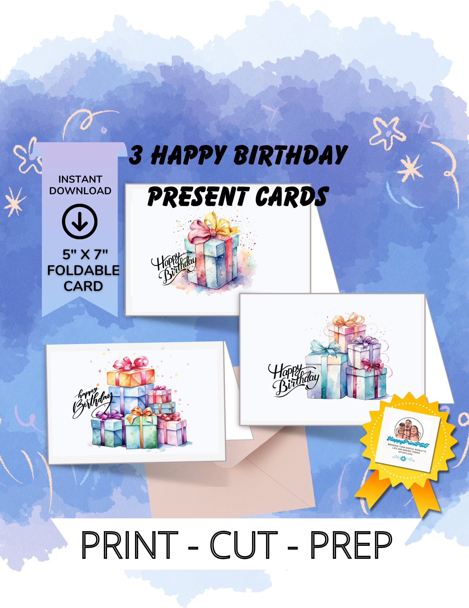 3 Birthday Present Cards, Printable PDF, 3 5x7 Foldable Birthday Cards ...