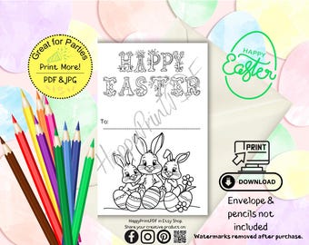 Frohe Ostern Färbung Karte, Kaninchen Familie, digitale Osterkarte, Frohe Ostern Färbung, Klassenzimmer Oster Basteln, Kinder Basteln für Ostern