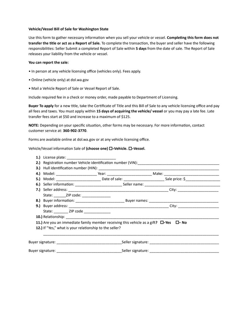 Bill of Sale Washington State Motor Vehicle Vessel Printable Form PDF