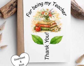 Teacher Appreciation Card, Flower Design, Thank You Message (Digital Download)