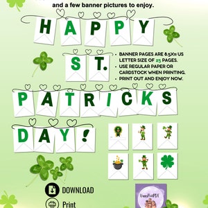 Szczęśliwy baner z okazji Dnia Świętego Patryka, litery do druku w formacie PDF, koniczyna, koniczyna biała, koniczyna szczęścia, skrzat, baner, wstążka, zielony baner z rozpoznawaniem imienia