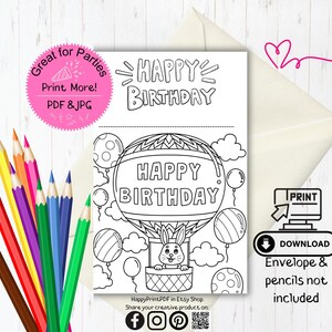 Card, Happy Birthday Card, Hot Air Balloon Birthday Card, Coloring Printable, Digital Printable Birthday Card,Party Supplies, Digital Card