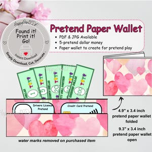 May include: A pretend paper wallet with pink heart designs, including five pretend dollar bills. The wallet is 4.9 x 3.4 inches folded and 9.3 x 3.4 inches open. The text on the bills reads "Dollar".