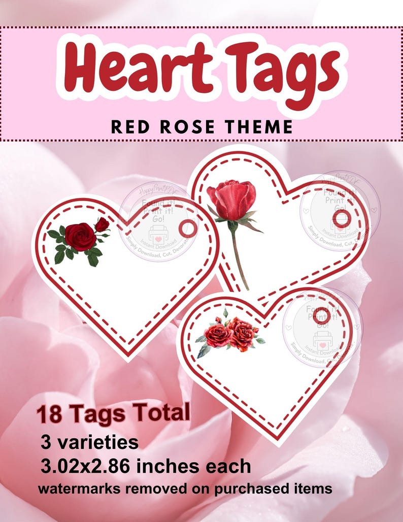 Printable Rose Heart Tags – Instant Digital Download - Etsy