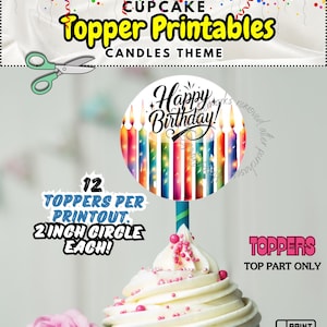 Happy Birthday Candle Cupcake Toppers: Bright Theme (PDF Printable)