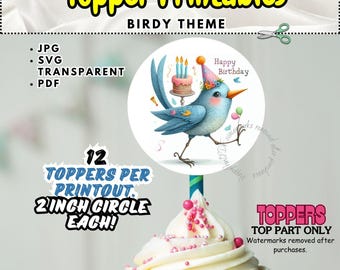 Birdy Theme Happy Birthday Cupcake Toppers SVG Transparent and Printable Download PDF JPG