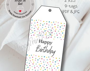 Polka Dots Happy Birthday Gift Tags - Printable Party Favors - PDF and JPG