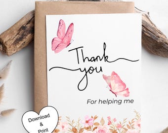 Pink Butterfly Floral Thank You Card | A7 A2 DIY Printable (Instant Download)