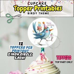Birdy Theme Cupcake Toppers: Happy Birthday Party (PDF Printable)