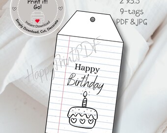 Printable Happy Birthday Gift Tags: Lined Notepaper Theme (PDF & JPG Download)