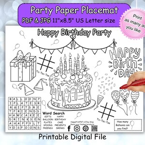 Happy Birthday Coloring Placemat for Kids, Printable Party Activity ...