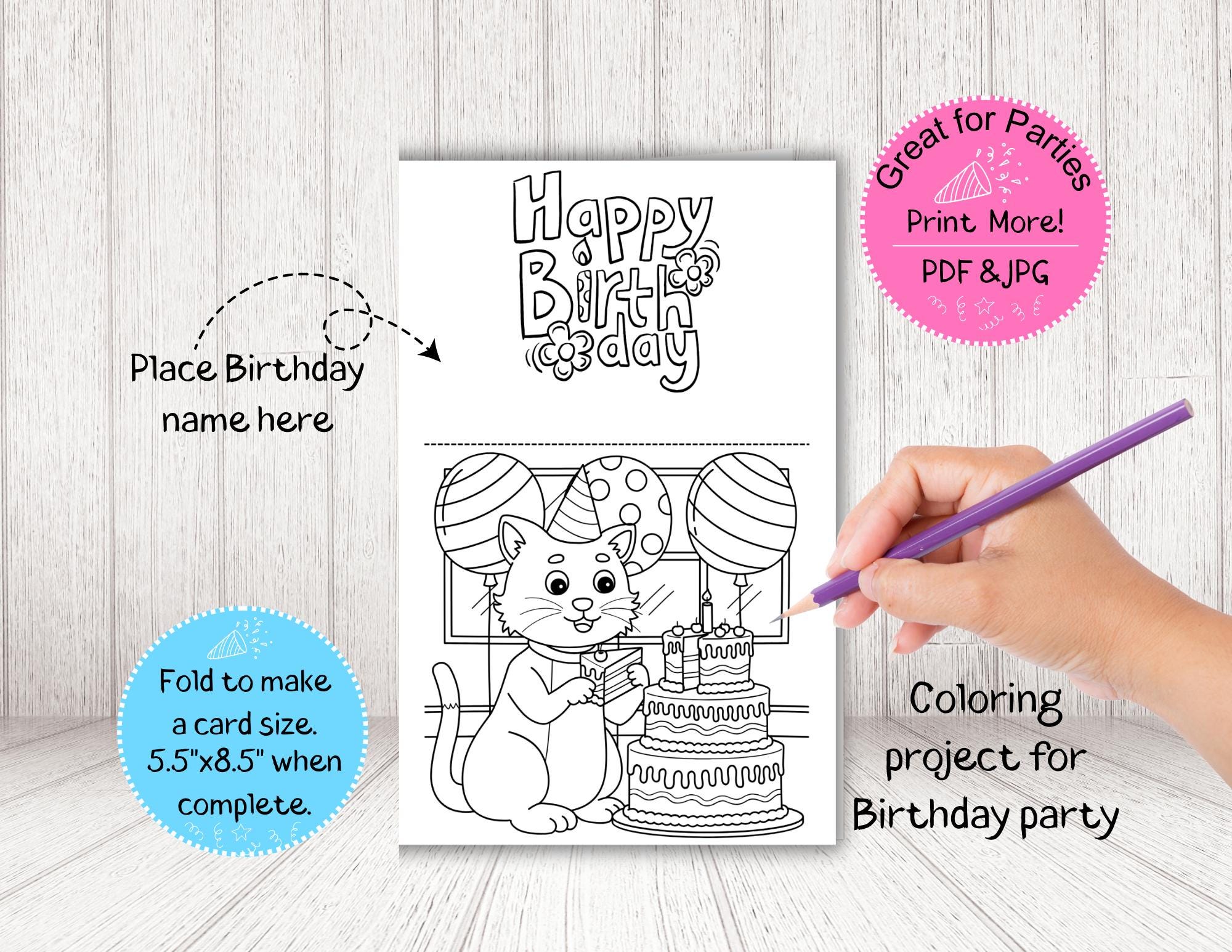 Cat Birthday Card Coloring Page: Printable Party Activity (PDF) - Etsy