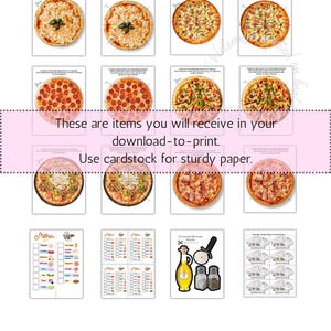 5 downloads with 30 printable PDFs 8.5x11-inch US Letter size pages to enjoy.
You will receive:
4-11  of 8 pages 
12-18 of 7 pages
19-22,33 of 5 pages
23-26,30 of 5 pages
27-29,31,32 of 5 pages
Total of 30 pages to have a creative pizza activity.