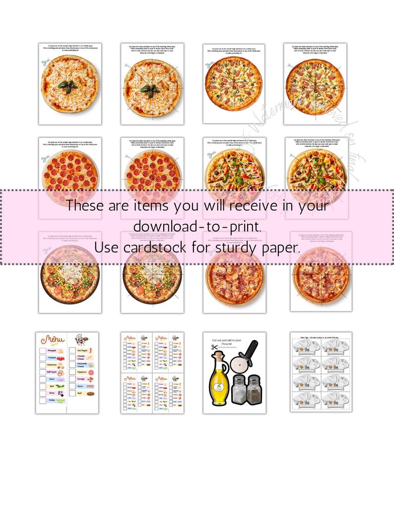 5 downloads with 30 printable PDFs 8.5x11-inch US Letter size pages to enjoy.
You will receive:
4-11  of 8 pages 
12-18 of 7 pages
19-22,33 of 5 pages
23-26,30 of 5 pages
27-29,31,32 of 5 pages
Total of 30 pages to have a creative pizza activity.