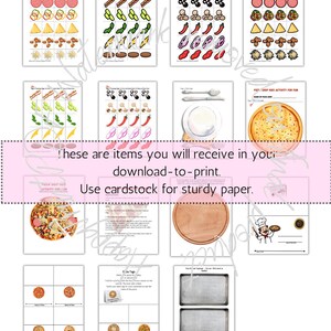 5 downloads with 30 printable PDFs 8.5x11-inch US Letter size pages to enjoy.
You will receive:
4-11  of 8 pages 
12-18 of 7 pages
19-22,33 of 5 pages
23-26,30 of 5 pages
27-29,31,32 of 5 pages
Total of 30 pages to have a creative pizza activity.