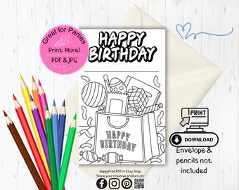 Birthday Coloring Card Printable-Bag Theme-Party Activity-PDF and JPG Download