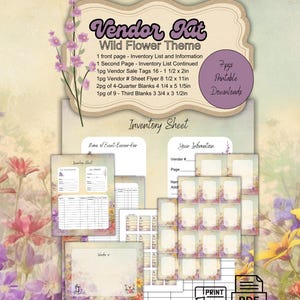 May include: Printable vendor kit with a wildflower theme. Includes inventory sheets, sale tags, flyers, and blank price tags. 7 pages total.
