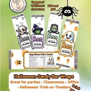 May include: Halloween candy bar wraps with four different character designs, including a skeleton, witch, Frankenstein's monster, and ghost. The wraps are 5.5" x 5.5" and fit a standard 1.55 oz candy bar. Text includes "Happy Halloween" and "Boo".