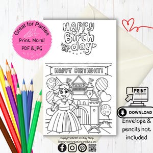 Cartão de feliz aniversário, cartão de aniversário de princesa para colorir, cartão de aniversário para impressão digital, suprimentos para festa, imprimíveis digitais de aniversário,
