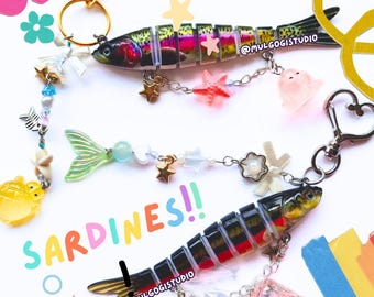 Sardine Fish Keychain with Beaded Jewelry / Fish Lure Keychain / Trinket Charm / Kawaii Y2K Fish Bag Charm Aesthetic / Handmade/Heisei Retro